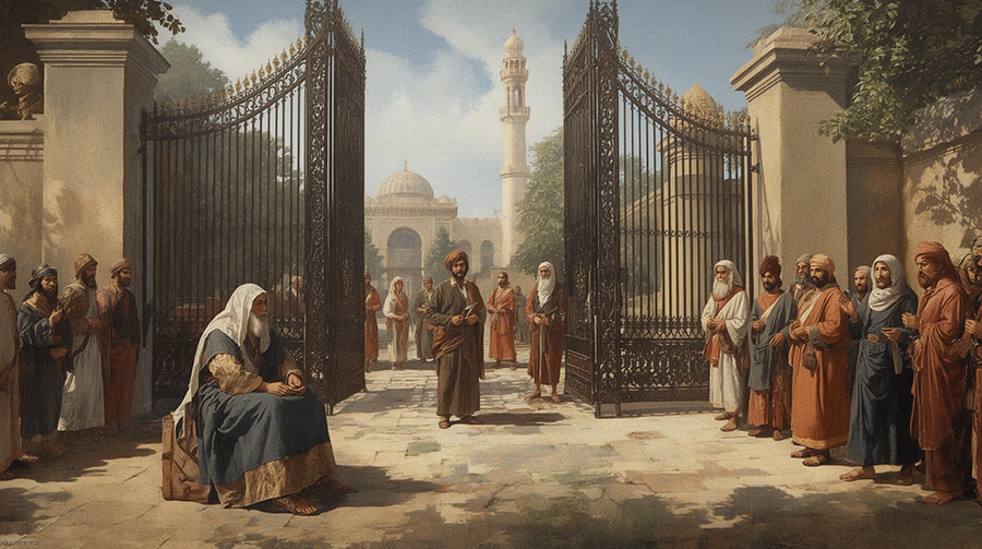 Jewish man in Persian garb seated vigilantly beside palace gates, God's Providence in Esther 2