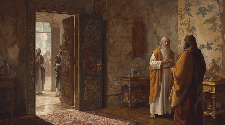 Two eunuchs whispering behind closed doors as Mordecai listens at the palace gate, God's Providence in Esther 2