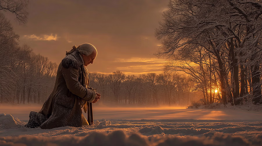 George Washington kneeling in prayer at Valley Forge.