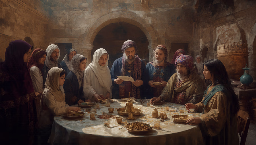 Jewish family retelling Esther’s story at Purim