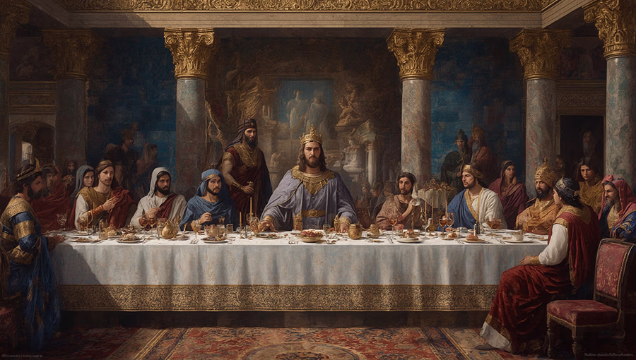King Xerxes holds court amid golden Persian opulence