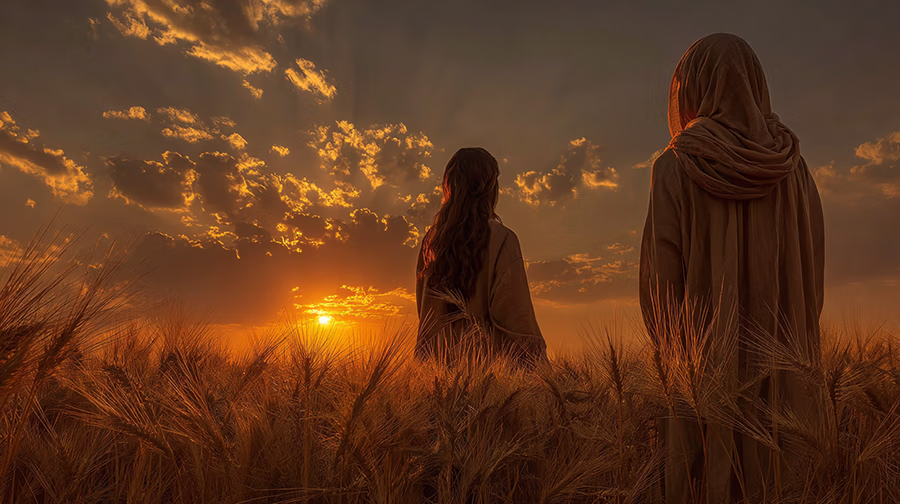 Naomi and Ruth gaze at the dawn breaking over the barley fields, representing hope and new beginnings