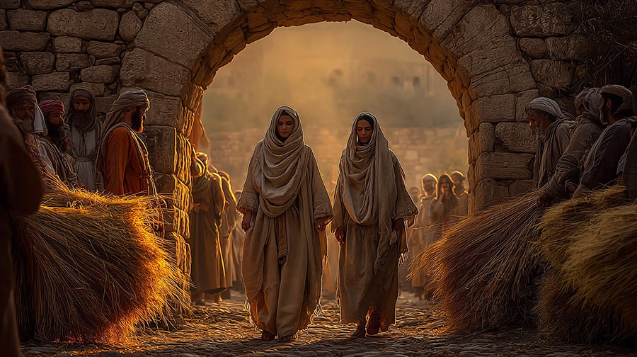 Naomi and Ruth, in ancient dress, enter Bethlehem as townsfolk eye them curiously