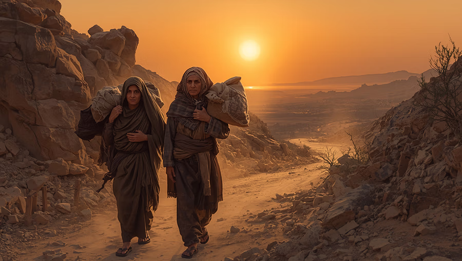 Naomi and Ruth, two exhausted widows in ancient robes and headscarves, walk a rocky road from Moab to Bethlehem at sunrise, carrying bundles with barren hills behind—symbolizing faith and hope amid loss, 11th century BCE.