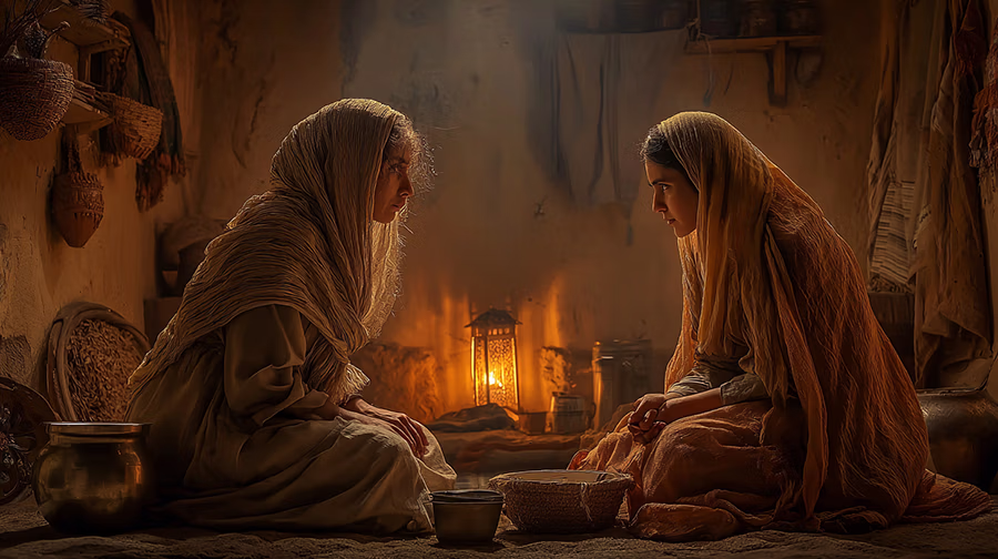 Naomi speaking earnestly with Ruth in their humble dwelling