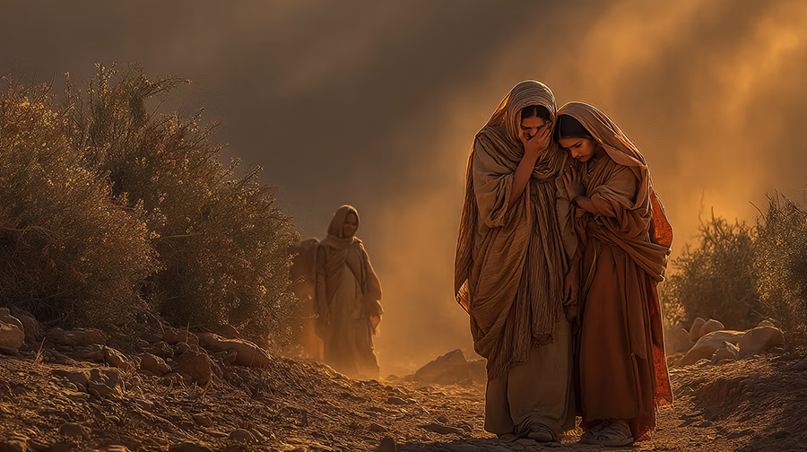 Naomi weeps as Orpah leaves and Ruth clings to her on a dusty Moabite road