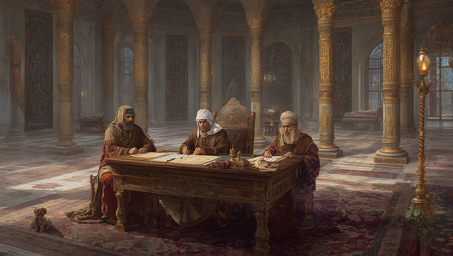 Persian scribes drafting decrees by lamplight