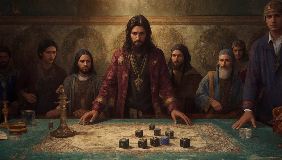 Purim dice being cast in Persian council chamber