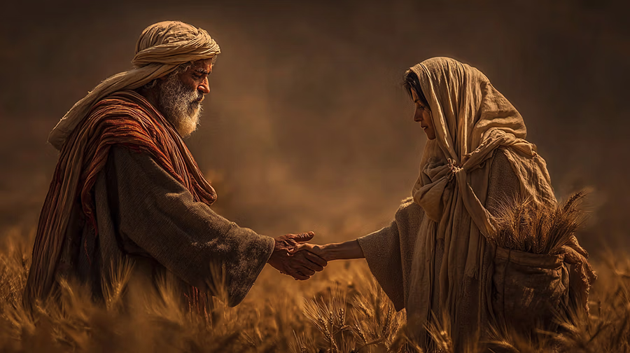 Ruth and Boaz first encounter in the fields during harvest.