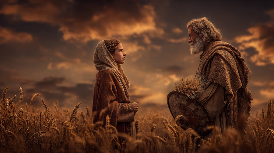 Ruth and Boaz in conversation amid the fields