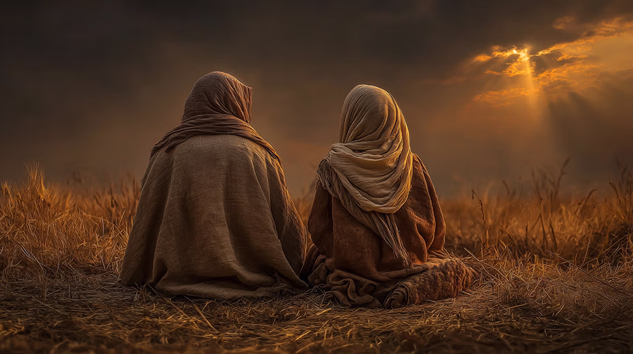 Ruth and Boaz on the threshing floor at night