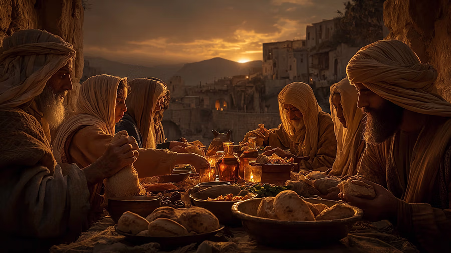Ruth and Naomi participate in the first community meal, representing the rebirth of connection and hope
