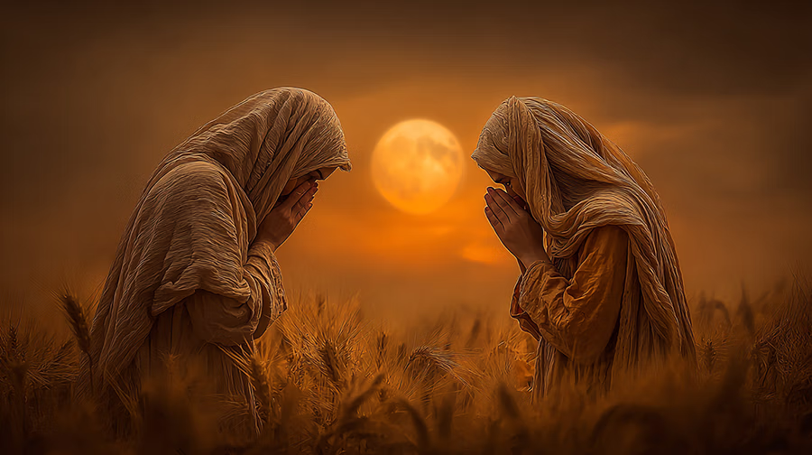Ruth and Naomi pray together outside Bethlehem, embodying hope and dependence on God