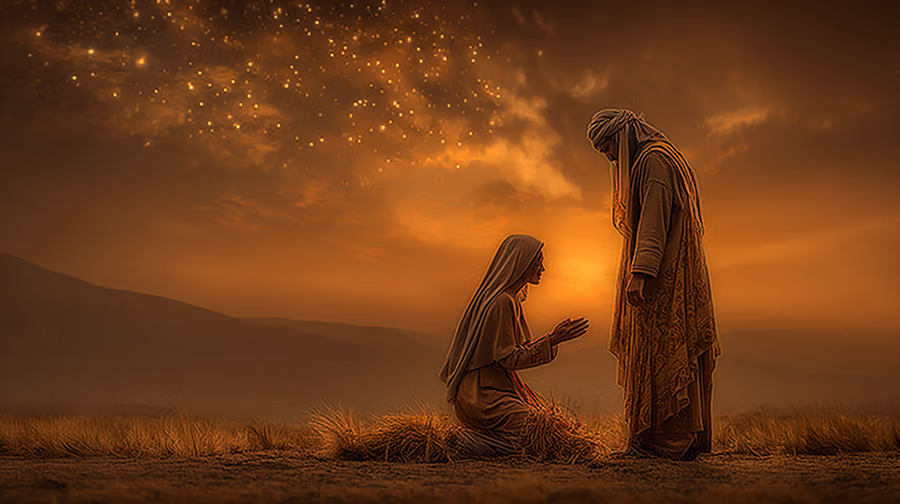 Ruth at Boaz's feet on the threshing floor under starlight