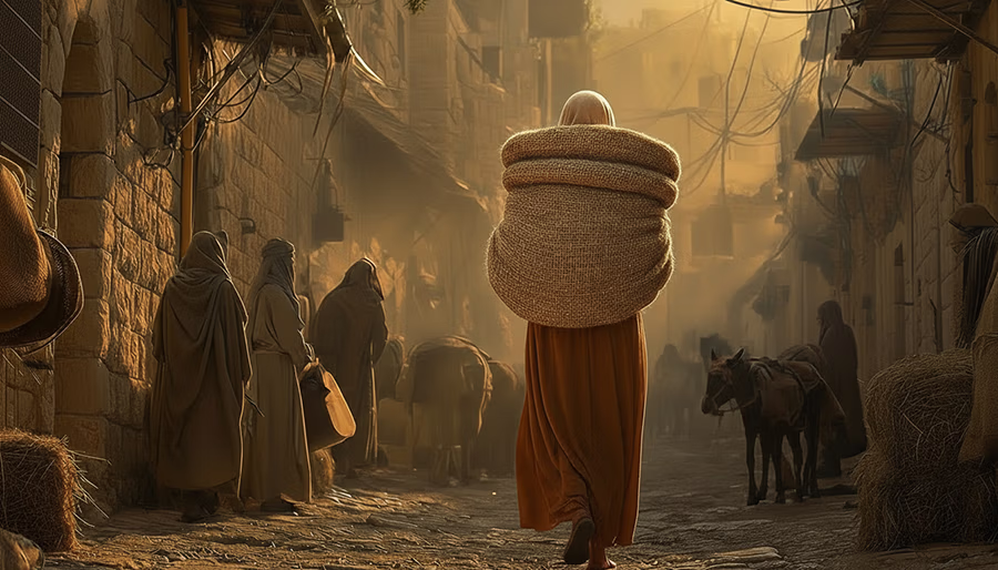 Ruth carrying the heavy shawl filled with barley, walking through the early morning streets of Bethlehem