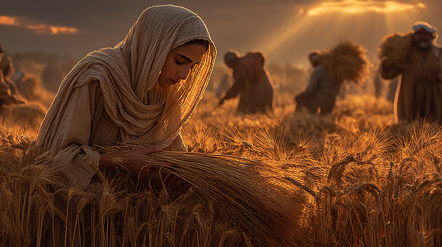 Ruth gleaning in Boaz's field, illustrating faithfulness and God's providence
