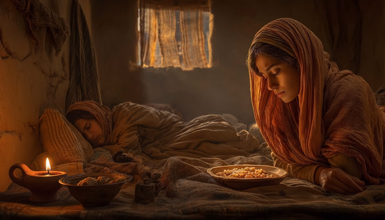 Ruth prays quietly, seeking wisdom to navigate her new life with faith