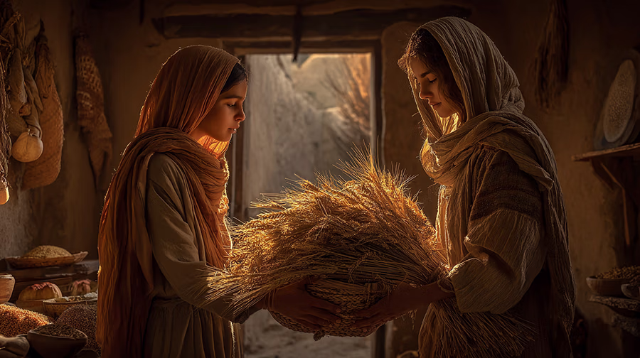 Ruth sharing her gleanings with Naomi