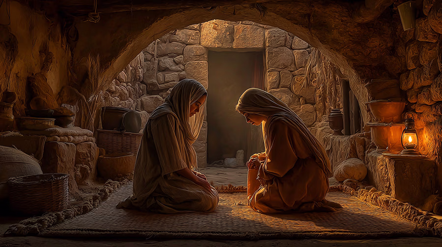 Ruth soothes grieving Naomi as they sit in plain robes on a mat, lit softly by a lamp