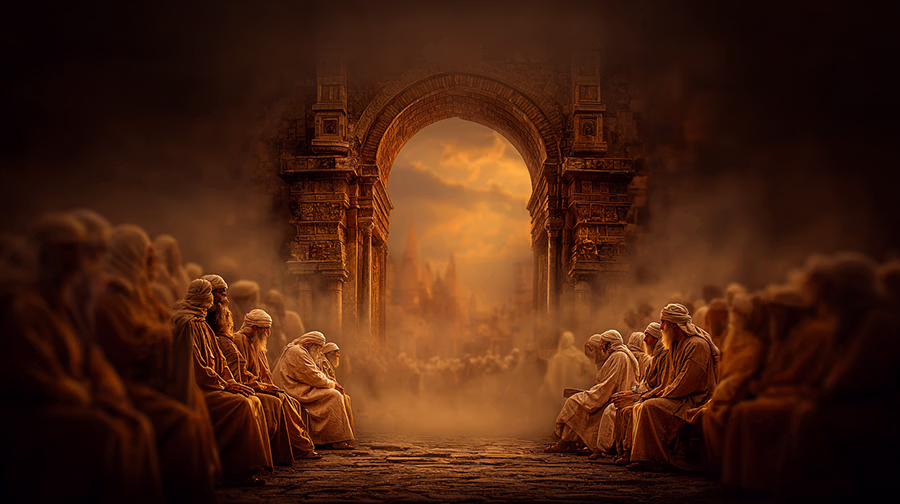 Boaz and the elders at Bethlehem's city gate conducting legal proceedings