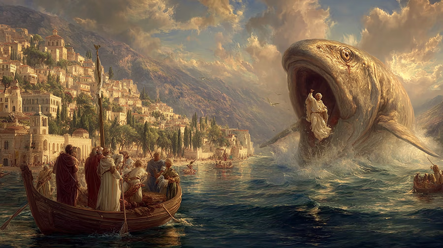 The fish vomiting Jonah onto dry land after God commanded its deliverance