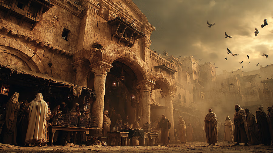 The Jerusalem temple marketplace filled with money changers and merchants conducting business