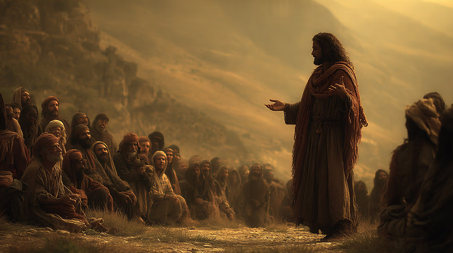 Jesus teaching about the abundant life to a diverse crowd on a Galilean hillside