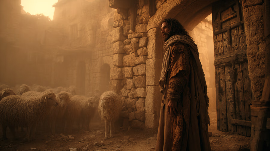 Jesus the Good Shepherd calling His sheep by name from the communal sheepfold at dawn