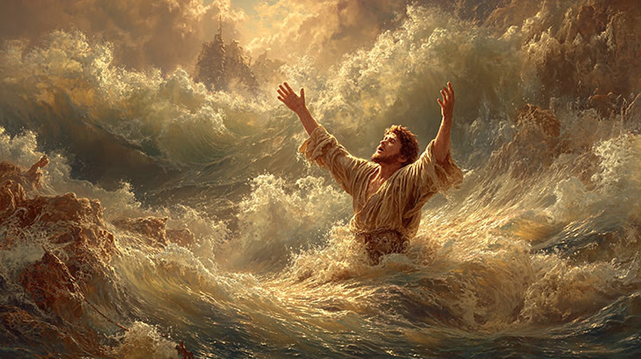 Jonah drowning in violent storm waves as described in Book of Jonah 2