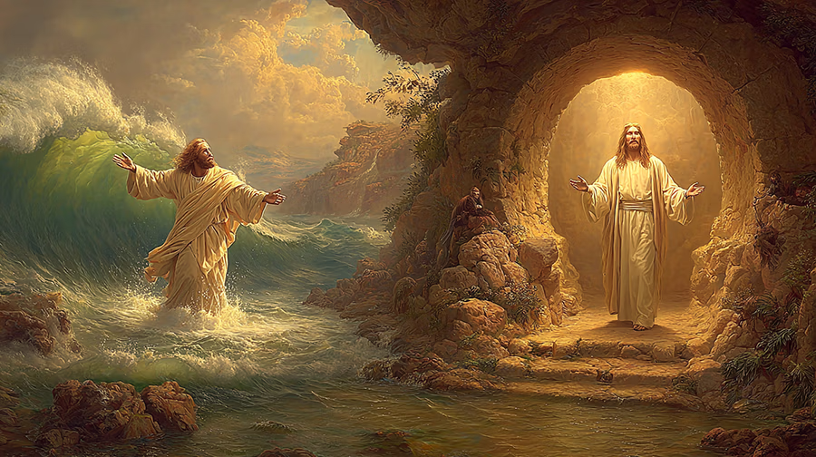 Jonah emerging from the great fish and Jesus emerging from the empty tomb, illustrating the prophetic parallel