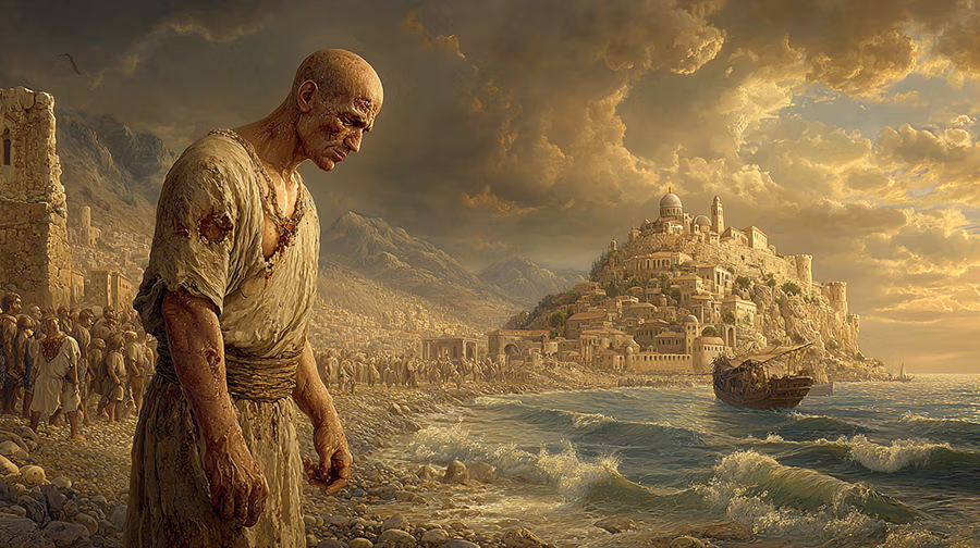Jonah on the shore showing physical evidence of three days inside the fish including hairless body and discolored skin