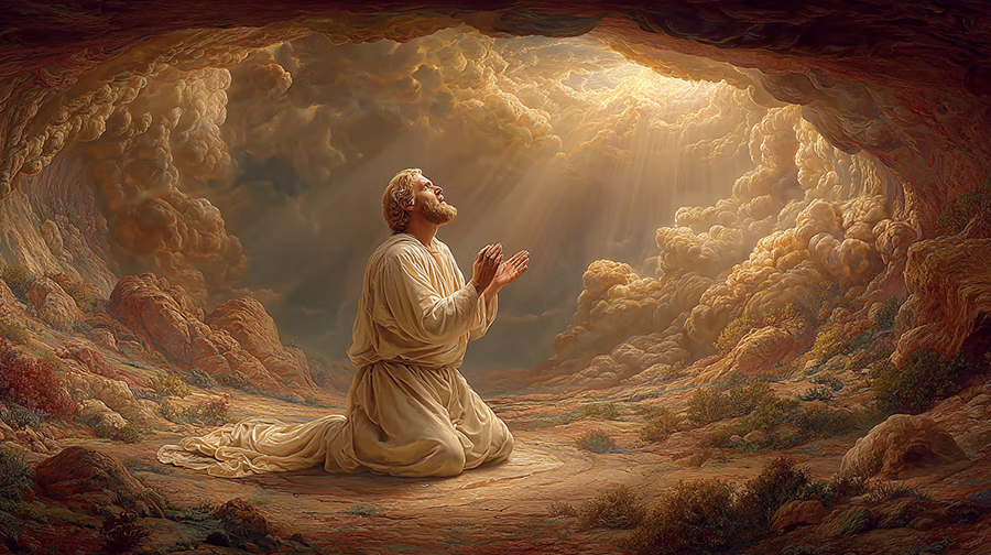 Jonah praying to God from the belly of the fish while at the gates of Sheol