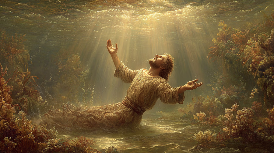 Jonah sinking to the ocean floor surrounded by seaweed and darkness