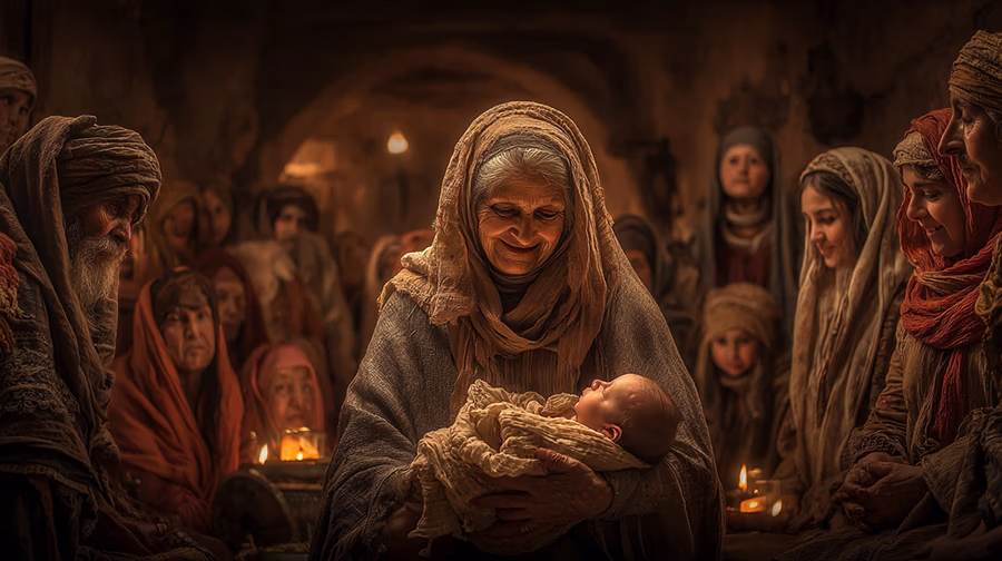 Naomi holding baby Obed surrounded by rejoicing women