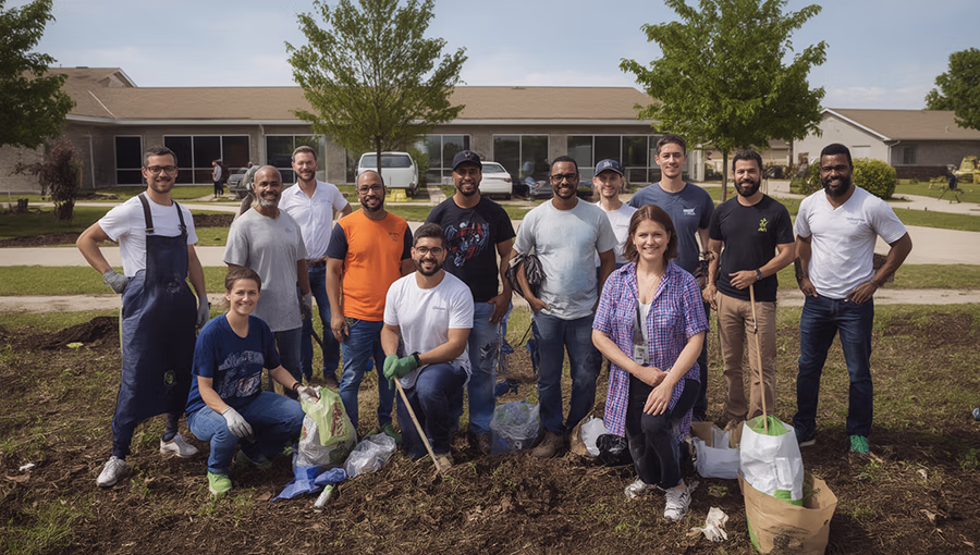 Diverse group of people working together in community service, demonstrating unity across differences