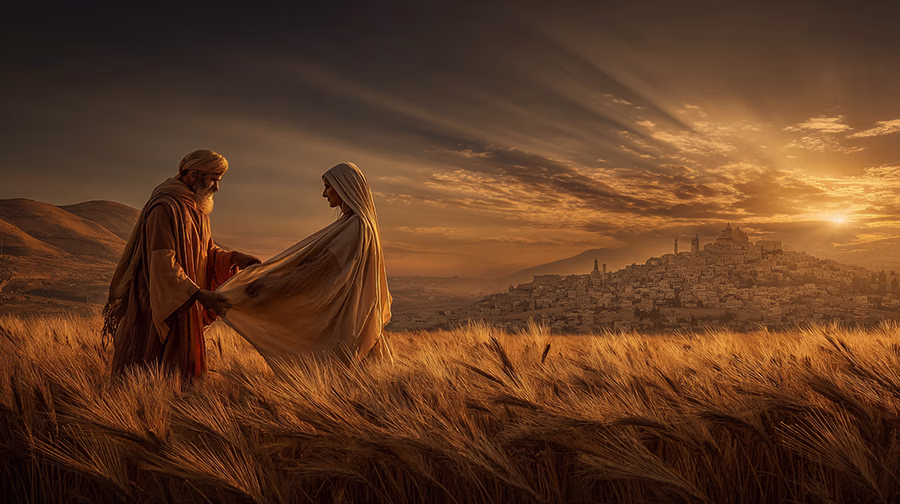 Boaz covering Ruth with his cloak symbolizing redemption and protection
