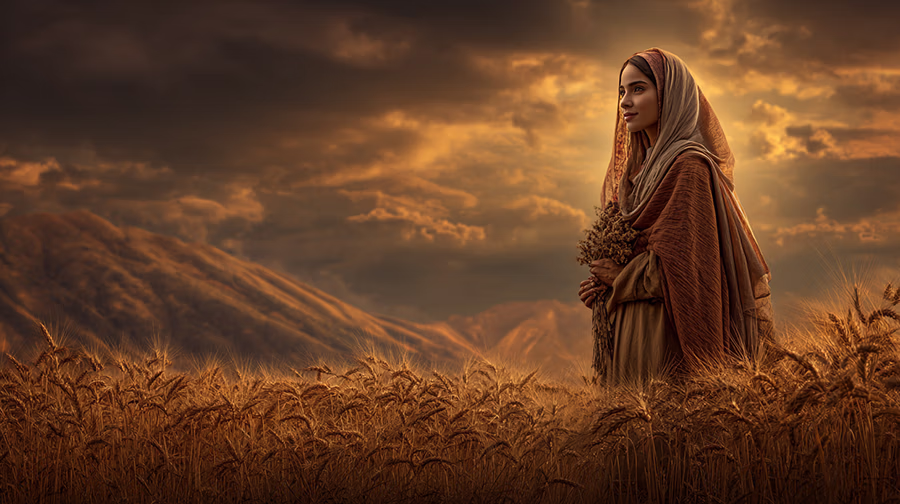 Ruth in Hebrew garments standing in Bethlehem's wheat fields