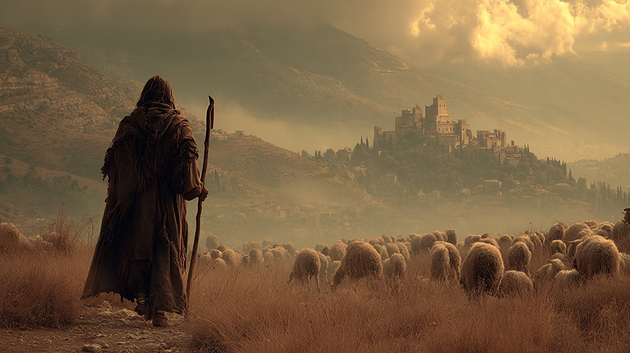 The Good Shepherd leading His flock through green pastures beside still waters