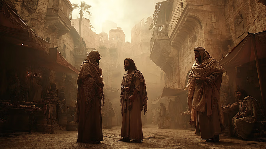Two brothers disputing their inheritance before Jesus in a crowded marketplace