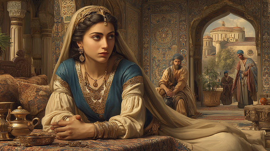 Queen Esther receiving news of Mordecai's mourning from Hathach in Book of Esther 4