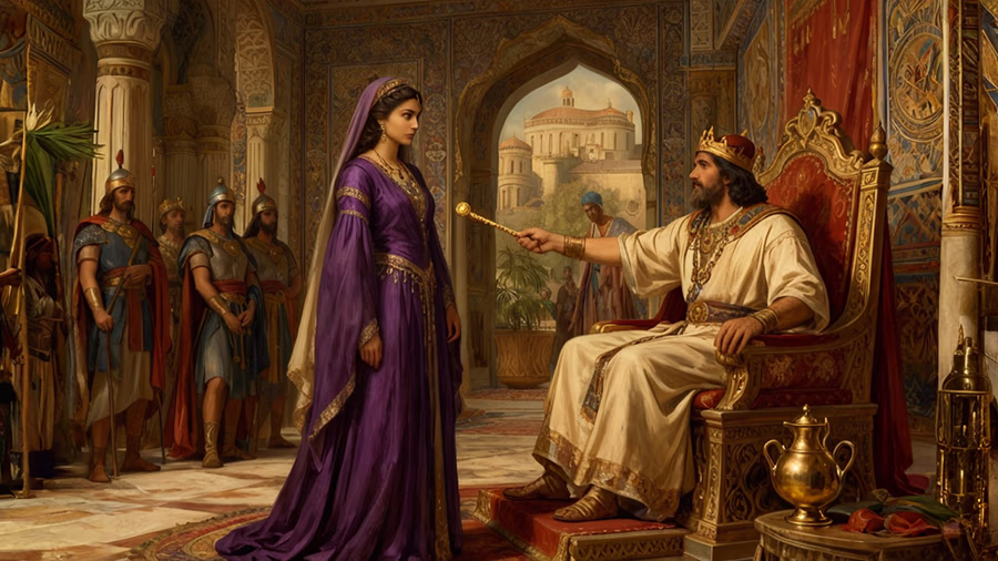Esther approaching King Ahasuerus who extends the golden scepter in Book of Esther 4