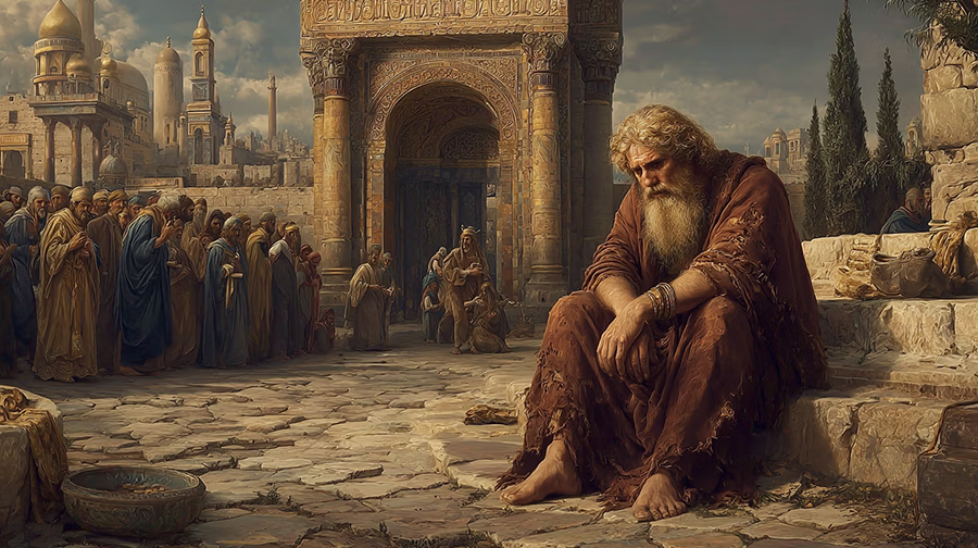 Mordecai mourning in sackcloth and ashes at the king's gate in Book of Esther 4