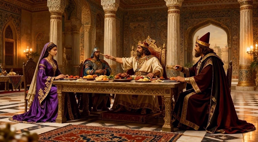 Esther's strategic banquet with King Ahasuerus and Haman demonstrating wisdom in timing