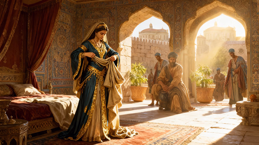Queen Esther preparing on third day of fasting, putting on royal robes to approach king