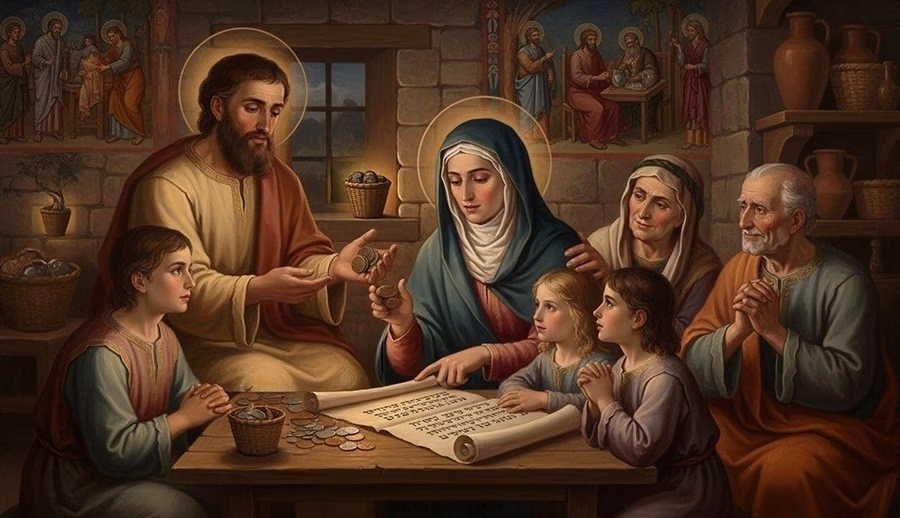 Biblical family teaching children godly principles of charitable giving