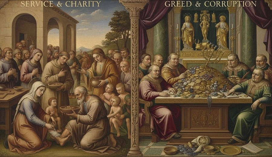 Contrast between genuine Christian charitable giving and organizational corruption