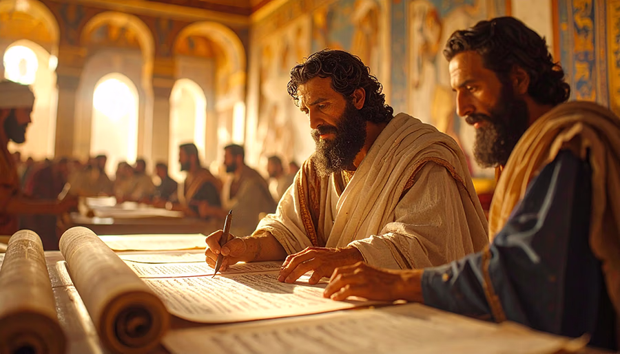 King Hezekiah's scribes carefully copying Solomon's proverbs