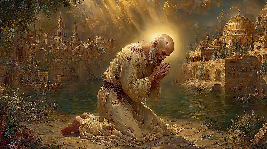 Jonah receiving his second commission from God in Jerusalem, showing marks from his ordeal in the great fish