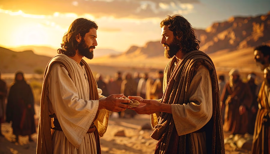 Biblical scene of showing kindness to enemies through provision