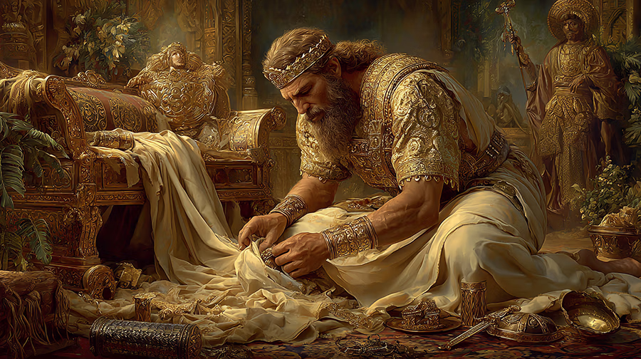 The king of Nineveh demonstrating repentance by removing his royal garments and sitting in sackcloth